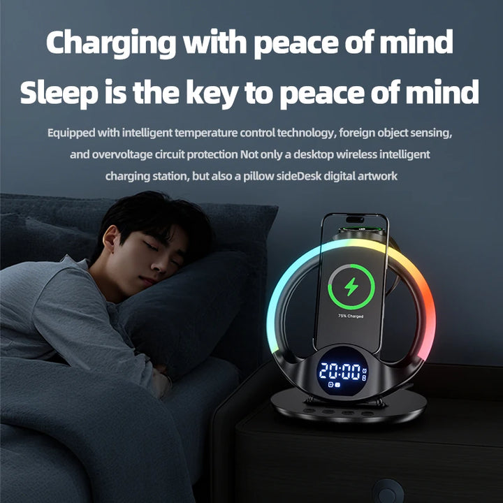 5 in 1 Digital Alarm Clock with 15w Fast Wireless Charging Led Night Light Desk Wireless Charge Alarm Clock with Phone Charger