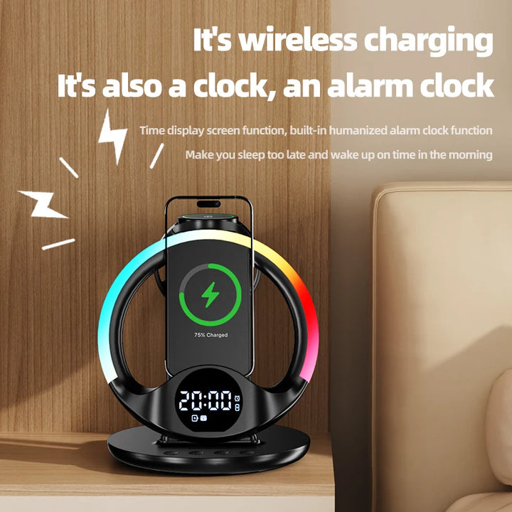5 in 1 Digital Alarm Clock with 15w Fast Wireless Charging Led Night Light Desk Wireless Charge Alarm Clock with Phone Charger