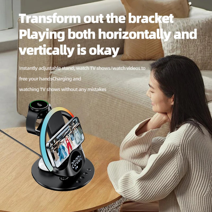 5 in 1 Digital Alarm Clock with 15w Fast Wireless Charging Led Night Light Desk Wireless Charge Alarm Clock with Phone Charger