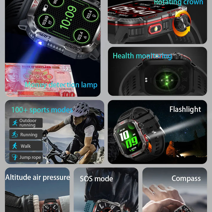 MISIRUN Smart Watch Men LED Flashlight Compass Altitude Air Pressure 100+ Sport Mode Fitness Tracker Outdoor Military Smartwatch